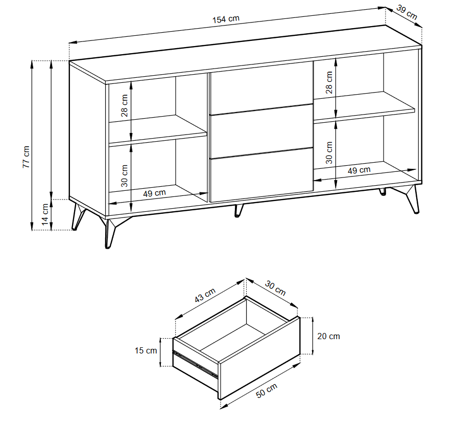 Storage cabinet DIAMOND 03 black / evoke oakStorage cabinet DIAMOND 03 (154/77/39) ColourBlack / Oak Evoke MaterialLaminated board 16mm VeneerEdging ABS Metal Legs PUSH-TO-OPENAnna Furniture