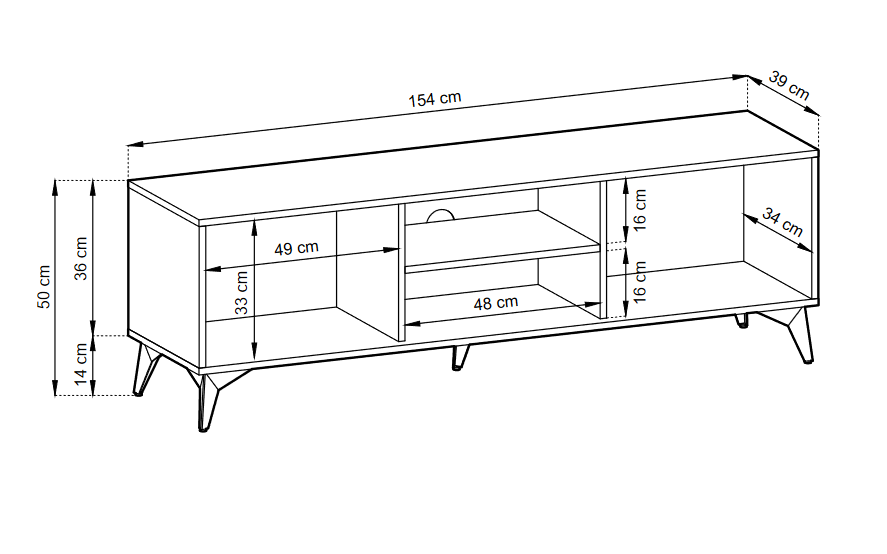 TV Stand DIAMOND 01 black / evoke oakTV Stand DIAMOND 01 (154/50/39) ColourBlack / Oak Evoke MaterialLaminated board 16mm VeneerEdging ABS Metal Legs PUSH-TO-OPENAnna Furniture