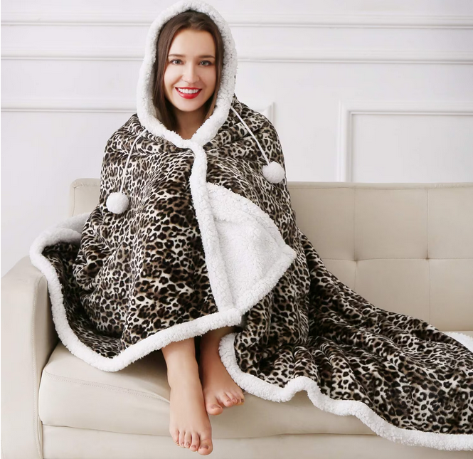 Super Soft Warm Sherpa Fleece Wearable Hoodie Blankets LEOPARD Designs -130 x 180 cmMeet the Super Plush Teddy Fleece Hoodie Blanket, the perfect companion for your cozy nights and cold winter days. Made with love and incredible attention to detail, this