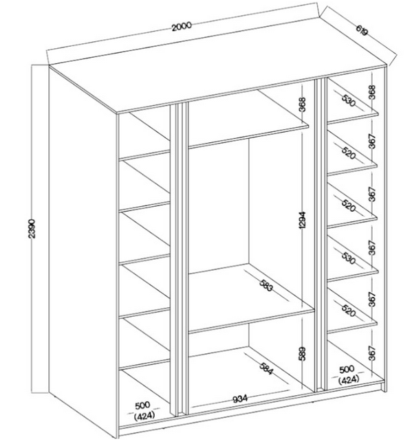 KAJA 2 MIRROR 2F 3S - AVAILABLE IN 4 COLORSDimensions: 2000 x 2390 x 619 mm (W x H x D)Number of Packages: 6Front:- laminated plate 16 mm - the edge of ABS- handle UA-HEXA-256-20M, 256 mm / aluminumThe body:- laminated plate 16 mm- melamine / ABS peripher