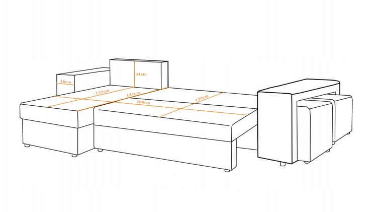 CORNER SOFA BED ARRO 255CM 2X STORAGE SPACE UNIVERSAL CORNER RIGHT/LEFT CORNER / BONELL SPRINGS + FOAMFEATURES:BONELL SPRINGS + T28 FOAM 3 X LARGE BACKREST PILLOWS 2X SMALLER CUSHIONS 2X STORAGE SPACE 2X STOOLBed-folding function DL SYSTEM (The unfolding