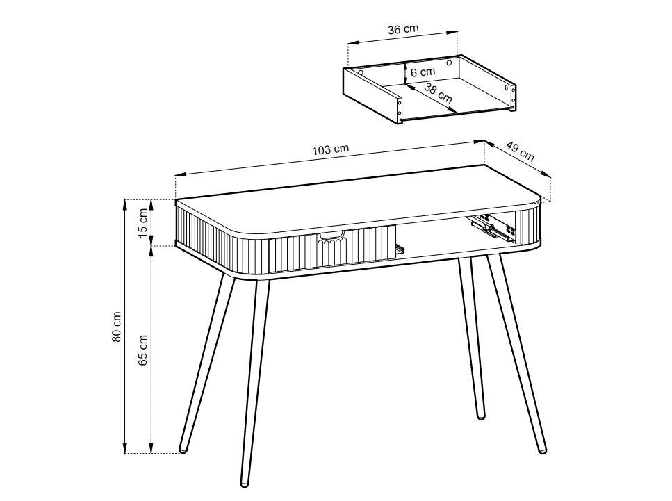 DRESSING TABLE ZOVA WHITEProduct description Dimensions Width 103cm Height 80cm Depth 49cm Details Colour white Material Laminated board 18mm / MDF-board 18mm Veneer ABS edges Legs Metal, in black (65cm) Warranty 24 monthsUncategorizedAnna Furniture