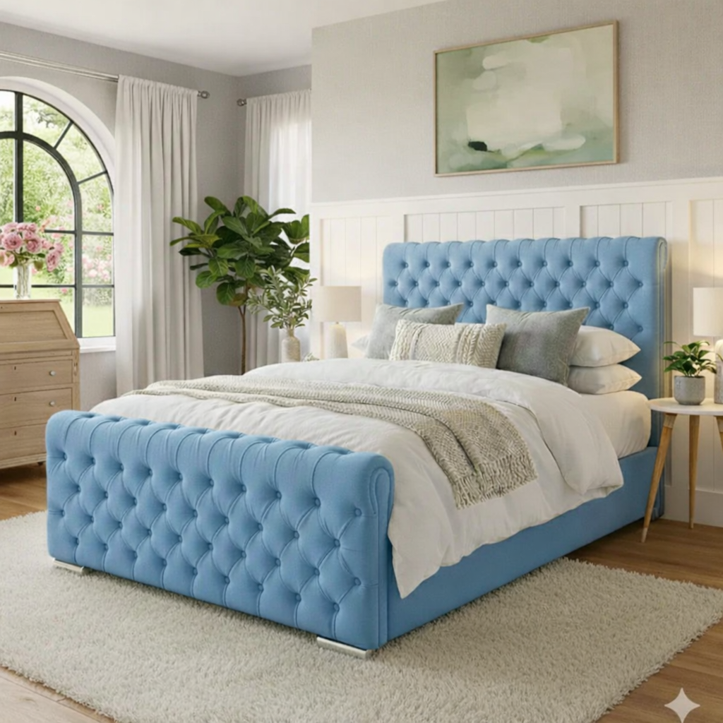 KOSTENLOSE LIEFERUNG! Luxuriöser Chesterfield-Bettgestell mit Flügelrücken und Hocker – Tief geknöpfter Samt | In allen Größen erhältlich / WEICHER SAMT HIMMEL