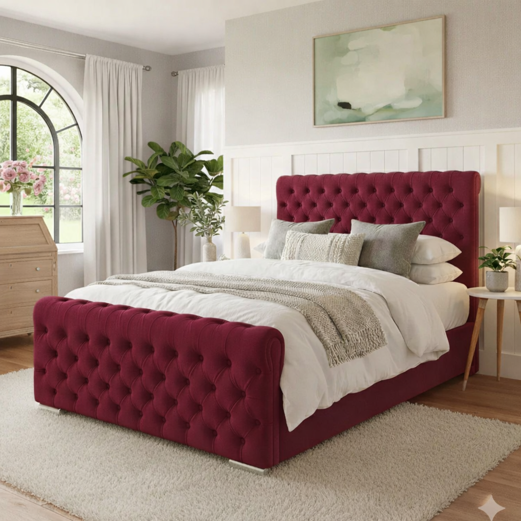 KOSTENLOSE LIEFERUNG! Luxuriöser Chesterfield-Bettgestell mit Flügelrücken und Hocker – Tief geknöpfter Samt | Erhältlich in allen Größen / WEICHER SAMT IN DUNKELROT