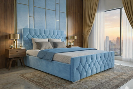 FREE DELIVERY! Luxury Velvet Chesterfield Bed with Deep Diamond Tufting & Chrome Feet – Available in All Sizes / PLUSH VELVET SKY - Anna Furniture