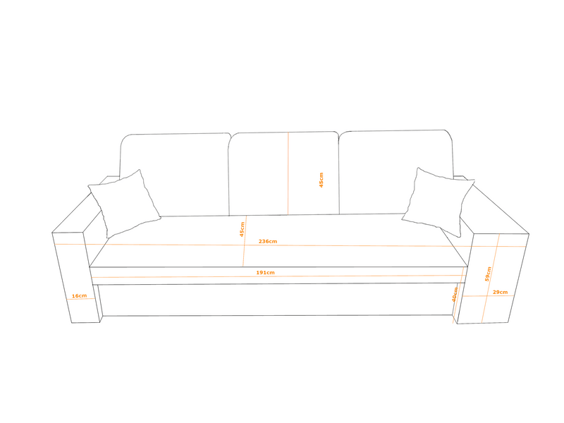 SOFA BED BALI 236CM / BONELL SPRINGS + FOAMFEATURES:BONELL SPRINGS + T28 FOAM 3 X LARGE BACKREST PILLOWS 2X SMALLER CUSHIONS 1X STORAGE SPACE 2X STOOLBed-folding function DL SYSTEM (The unfolding process involves gently lifting the seat up, extending it a