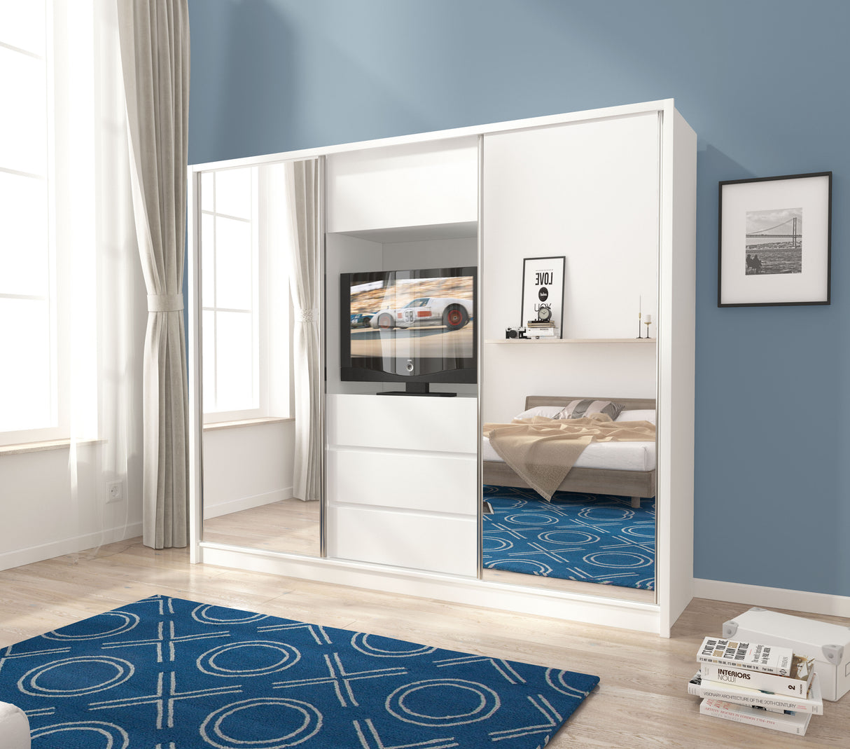 SLIDING DOOR WARDROBE TV 254CM WHITEUpgrade your bedroom with the ultimate blend of style and functionality. This sophisticated, minimalist wardrobe offers ample storage for all your clothing, shoes, bags, and bedroom essentials. With three drawers, six s