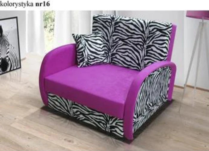 SINGLE SOFA BED SUZIE 97CM PINK ZEBRA / FOAMDimensions :- width 97 cm- height 85 cm- depth 95 cm- area sleeping 80/195 cm +/- 3The sofa is made of a wooden frame, the sleeping surface is made of PUR T30 / 42 foam.The sofa is unfolded using an automatic ma