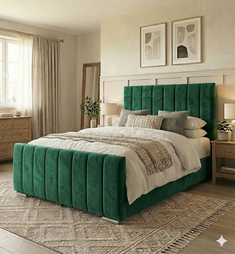 LIVRAISON GRATUITE ! Cadre de lit ottoman moderne en velours avec rangement à levage à gaz et tête de lit haute à design vertical – Disponible en toutes tailles COULEUR VELOURS DOUX GRIS