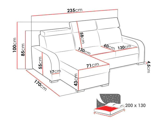 UNIVERSAL CORNER SOFA BED ASTEE 235CM ASTI12 EASY CLEAN FABRIC ADJUSTABLE HEADREST / SPRINGS + FOAMTHIS MODEL IS UNIVERSAL WHICH MEANS YOU CAN CHOOSE CORNER SIDE DURING ASSEMBLYADJUSTABLE HEADREST1X STORAGE SPACE MADE IN ASTI FABRIC CLICK HERE THIS MODEL