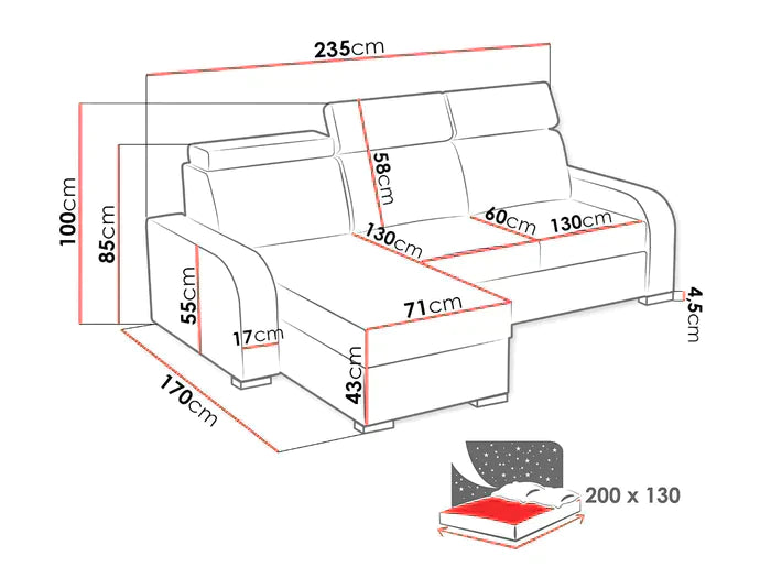 UNIVERSAL CORNER SOFA BED ASTEE 235CM ASTI2 EASY CLEAN FABRIC ADJUSTABLE HEADREST / SPRINGS + FOAMTHIS MODEL IS UNIVERSAL WHICH MEANS YOU CAN CHOOSE CORNER SIDE DURING ASSEMBLYADJUSTABLE HEADREST1X STORAGE SPACE MADE IN ASTI FABRIC CLICK HERE THIS MODEL I