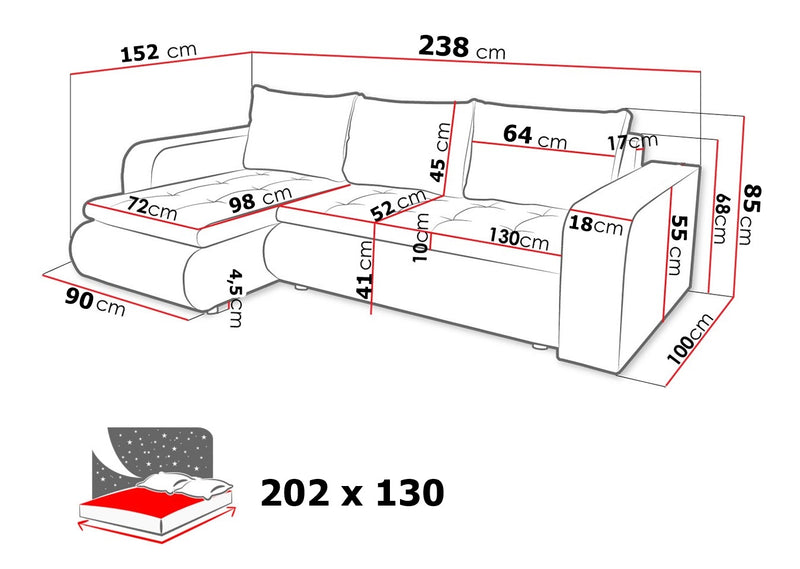 CORNER SOFA BED NIKO LAWA 2 / SOFT 17 238CM / SPRINGS + FOAMSEAT AND CUSHION MADE IN LAWA FABRIC CLICK HERE BOTTOM AND SIDES MADE ON FAUX LEATHER SOFT CLICK HEREDIMENSTIONS:WIDTH: 238cmDEPTH: 152CMHEIGHT: 85CMSLEEPING AREA:202X130CM FEATURES3X PILLOWS1X S