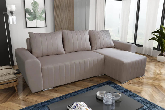 CORNER SOFA BED MALIBU 248CM MALMO 08 / UNIVERSAL RIGHT/LEFT CORNER / FOAMTHIS MODEL IS UNIVERSAL WHICH MEANS YOU CAN CHOOSE CORNER SIDE DURING ASSEMBLYMADE IN MALMO FABRIC CLICK HERE3x PILLOWS INCLUDED1X STORAGE SPACEDIMENTIONS:Corner width: 244cmDepth: