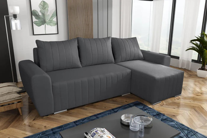 CORNER SOFA BED MALIBU 248CM MALMO 95 / UNIVERSAL RIGHT/LEFT CORNER / FOAMTHIS MODEL IS UNIVERSAL WHICH MEANS YOU CAN CHOOSE CORNER SIDE DURING ASSEMBLYMADE IN MALMO FABRIC CLICK HERE3x PILLOWS INCLUDED1X STORAGE SPACEDIMENTIONS:Corner width: 244cmDepth: