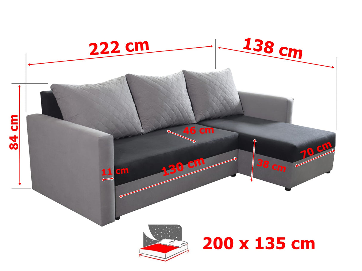 CORNER SOFA BED KEN BLACK/BLUE 15+SUE14 222cm universal RIGHT/LEFT CORNER / FOAMTHIS MODEL IN UNIVERSAL WHICH MEANS YOU CAN CHOOSE CORNER SIDE DURING ASSEMBLY3x PILLOWS INCLUDED1X STORAGE SPACESLEEPING FUNCTIONDIMENTIONSWidth: 222 cmDepth: 138cmSleeping a