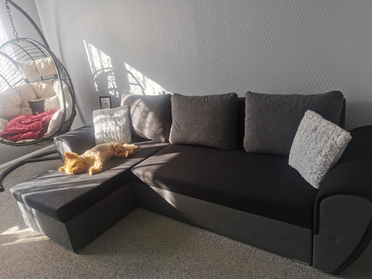 UNIVERSAL CORNER SOFA BED IRIS BLACK/GREY 260CM / FOAMTHIS MODEL IS UNIVERSAL WHICH MEANS YOU CAN CHOOSE CORNER SIDE DURING ASSEMBLY 3 X PILLOWS INCLUDED1 X STORAGE SPACE (OPTIONAL 2ND STORAGE FOR ADDITIONAL COST)Dimensions: width 260 cm depth 145 cm tota
