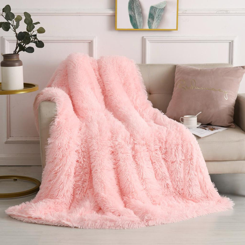 Long Pile Cuddly Faux Fur Shaggy & Fluffy Throws for Bed Couch Sofa Chair Home Blankets Warm Elegant Cozy Double 150 x 200cm PINK