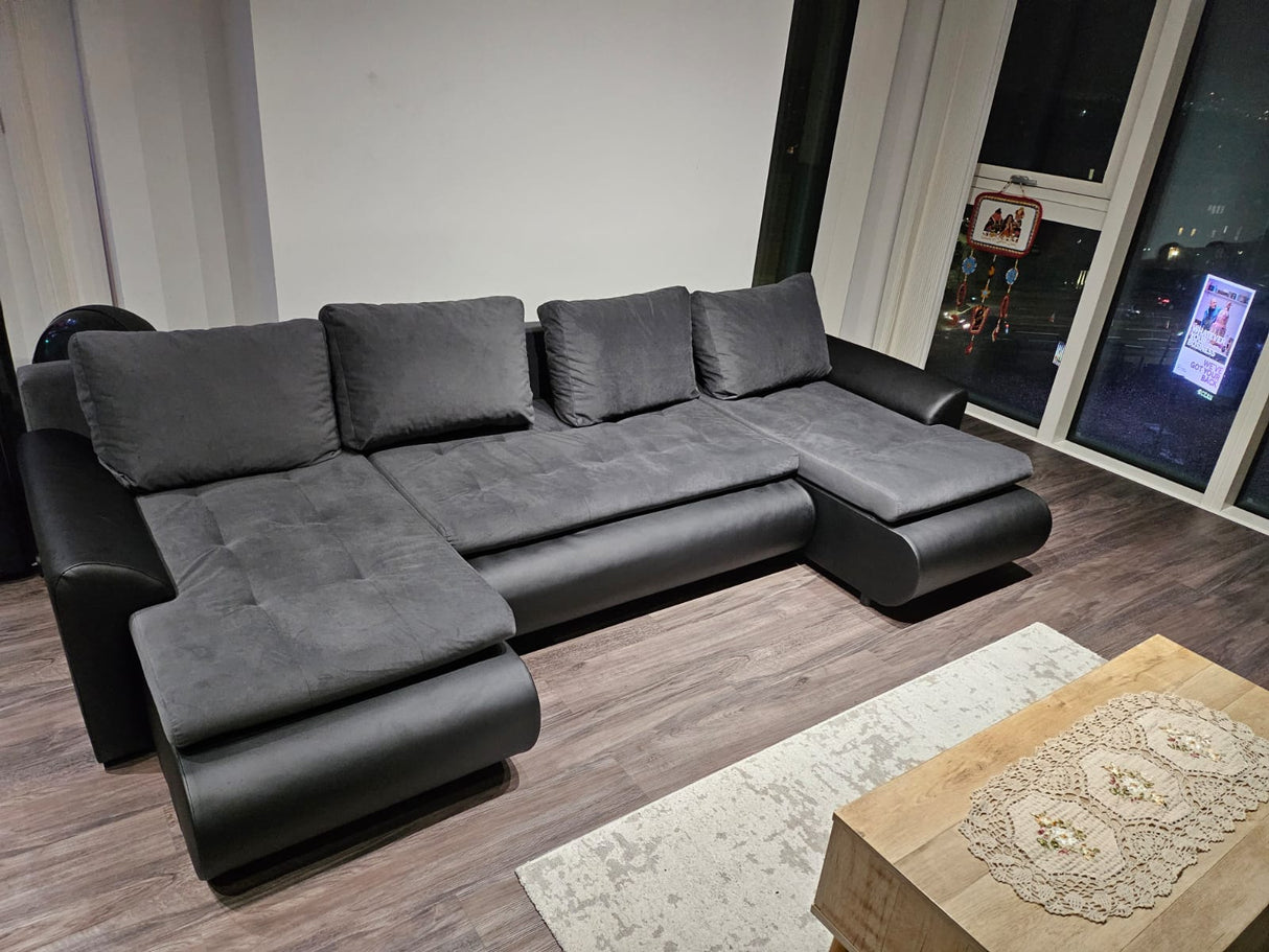 CORNER SOFA BED PRADO U SHAPE TRINITY 15/1114 GRAPHITE / BLACK FAUX LEATHER 300cm WATER RESISTANT FABRIC / SPRINGS + FOAMWavy springs CHOICE OF COLOR large sleeping areaSeat and cushions made of Trinity Fabric click here bottom and sides made on faux leat