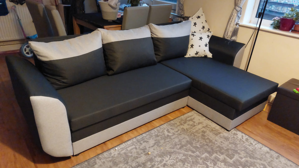 CORNER SOFA BED TRINITY 234CM 2x STORAGE SPACE / FOAM2X Storage space CHOICE OF COLOR FOAM T30MADE IN MALMO FABRIC CLICK HERE Dimensions W: 234cm D:146cm H: 86CM Sleeping area: 131x200cm THIS MODEL IS UNIVERSAL WHICH MEANS YOU CAN CHOOSE CORNER SIDE DURIN