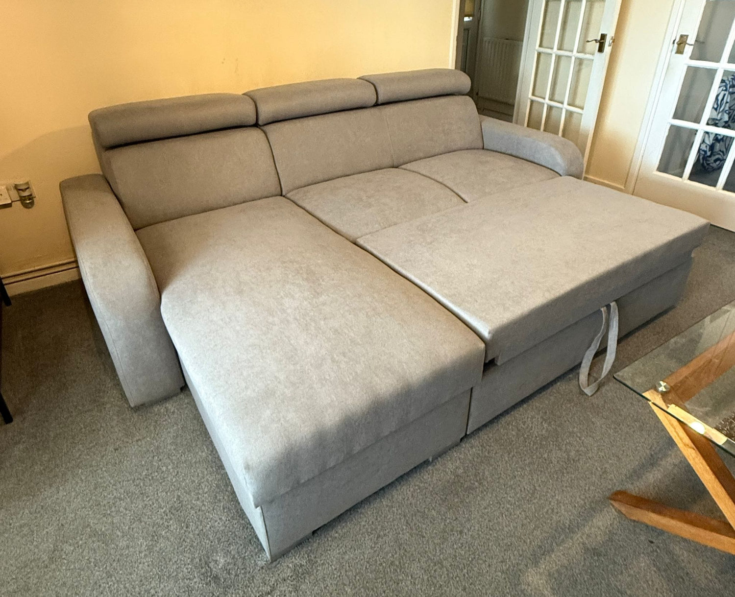 UNIVERSAL CORNER SOFA BED ASTEE 235CM EASY CLEAN FABRIC ADJUSTABLE HEADREST CHOICE OF COLORS / SPRINGS + FOAM