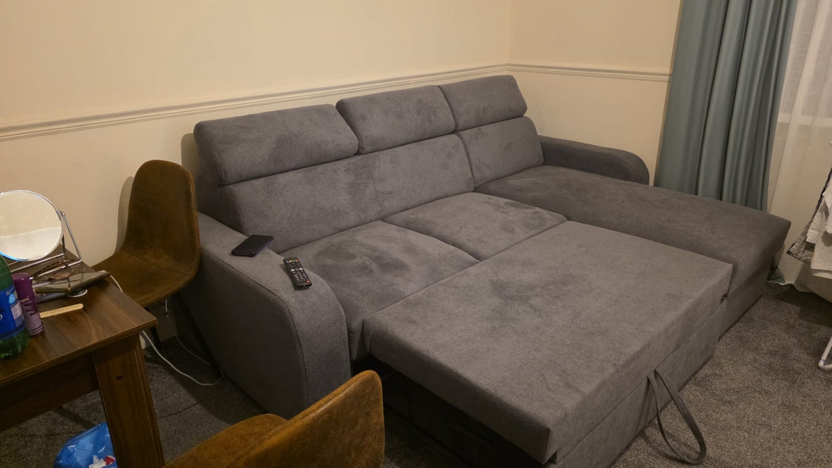 UNIVERSAL CORNER SOFA BED ASTEE 235CM EASY CLEAN FABRIC ADJUSTABLE HEADREST CHOICE OF COLORS / SPRINGS + FOAM