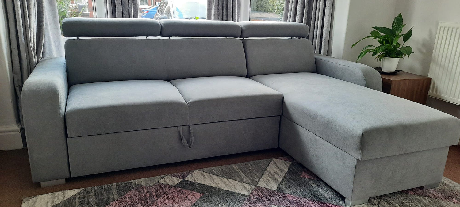 UNIVERSAL CORNER SOFA BED ASTEE 235CM EASY CLEAN FABRIC ADJUSTABLE HEADREST CHOICE OF COLORS / SPRINGS + FOAM