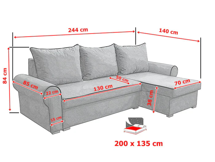 UNIVERSAL CORNER SOFA BED LORD 244cm 2X STORAGE SPACE 35+16 / FOAMTHIS MODEL IS UNIVERSAL WHICH MEANS YOU CAN CHOOSE CORNER SIDE DURING ASSEMBLY3x PILLOWS INCLUDED2X STORAGE SPACEMADE IN MANILA FABRIC CLICK HERE2X STORAGE SPACEManila are characterized by