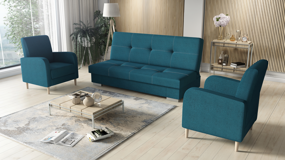 SOFA BED SET 3+1+1 AXEL + 2X ARMCHAIRS CARLODimensions: (+/- 2cm) - width 195 cm- depth 91 cm- height 90 cm- 119/195 cm sleeping areaThe following were used for the production of the sofa:- a structure made of pine wood, chipboard and MDF board- the seat