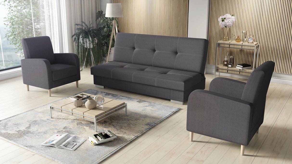 SOFA BED SET 3+1+1 AXEL + 2X ARMCHAIRS CARLODimensions: (+/- 2cm) - width 195 cm- depth 91 cm- height 90 cm- 119/195 cm sleeping areaThe following were used for the production of the sofa:- a structure made of pine wood, chipboard and MDF board- the seat