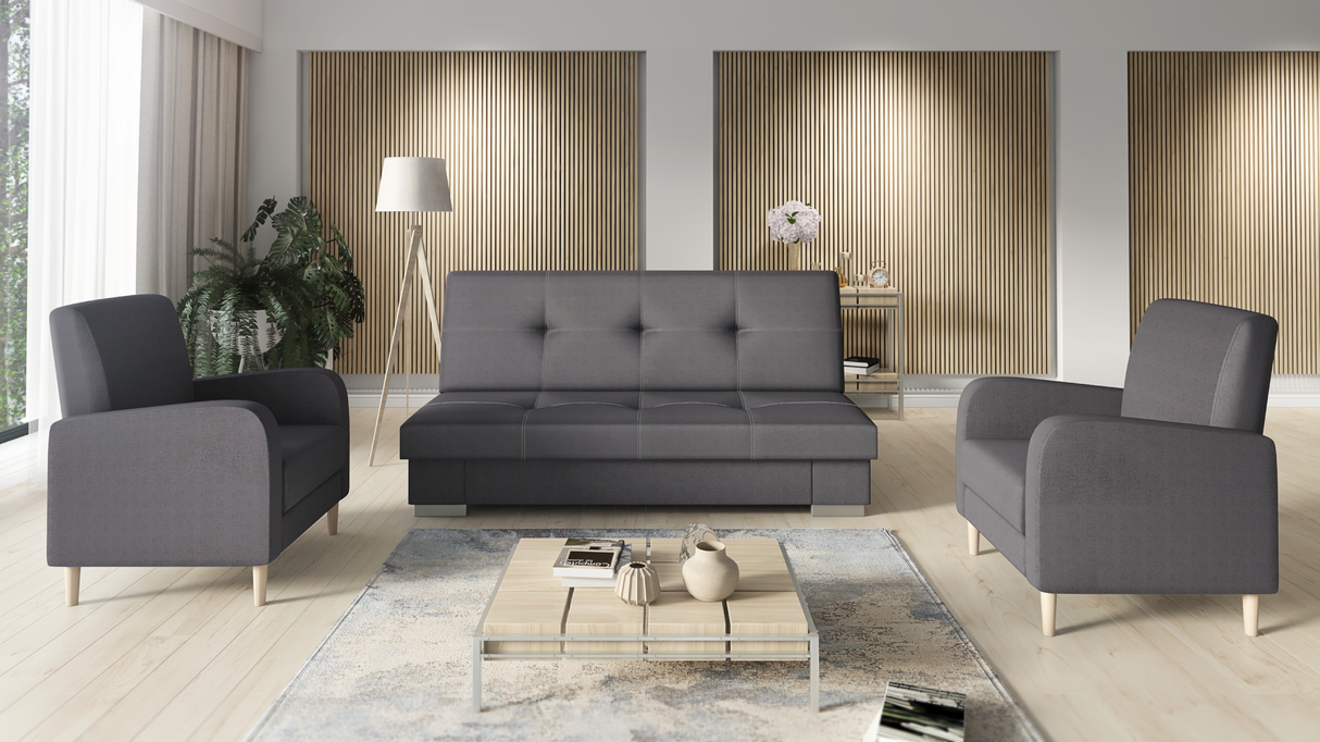 SOFA BED SET 3+1+1 AXEL + 2X ARMCHAIRS CARLODimensions: (+/- 2cm) - width 195 cm- depth 91 cm- height 90 cm- 119/195 cm sleeping areaThe following were used for the production of the sofa:- a structure made of pine wood, chipboard and MDF board- the seat