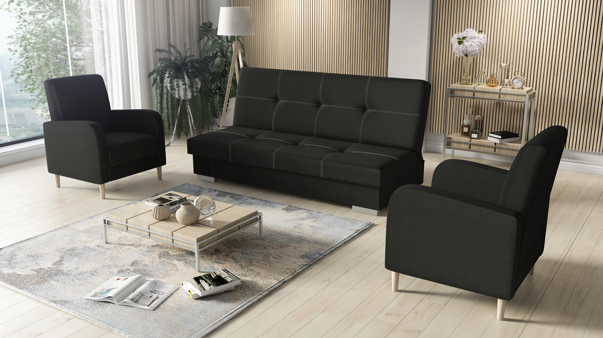 SOFA BED SET 3+1+1 AXEL + 2X ARMCHAIRS CARLODimensions: (+/- 2cm) - width 195 cm- depth 91 cm- height 90 cm- 119/195 cm sleeping areaThe following were used for the production of the sofa:- a structure made of pine wood, chipboard and MDF board- the seat