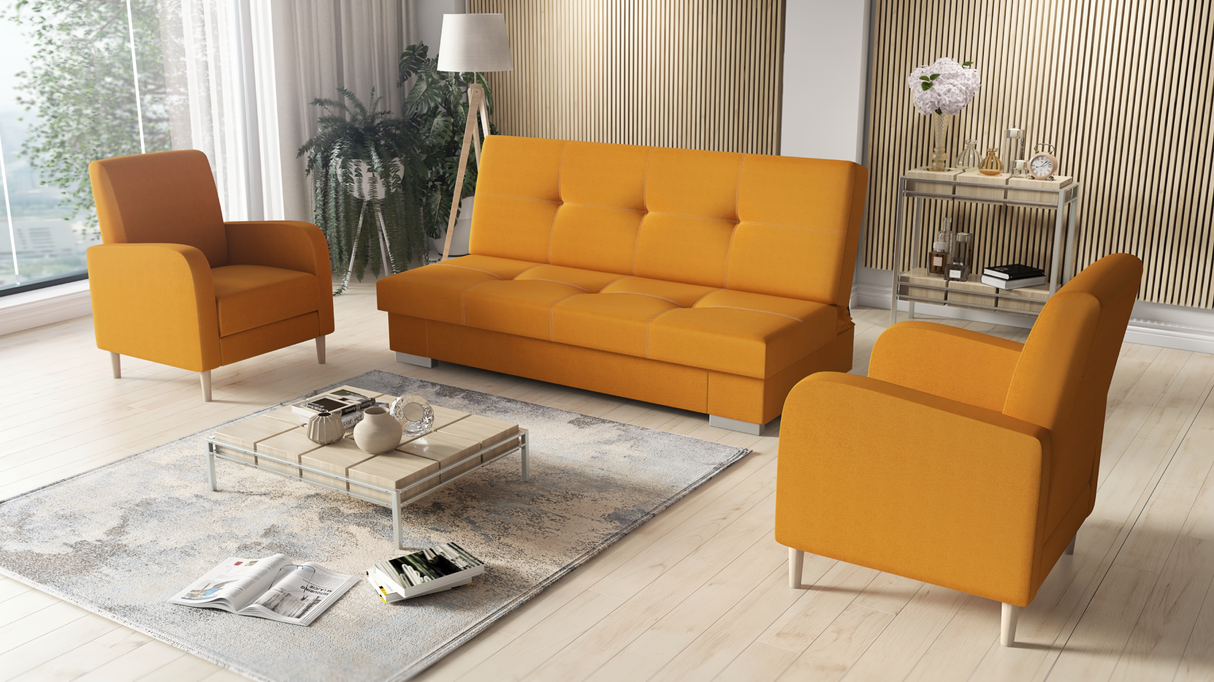 SOFA BED SET 3+1+1 AXEL + 2X ARMCHAIRS CARLODimensions: (+/- 2cm) - width 195 cm- depth 91 cm- height 90 cm- 119/195 cm sleeping areaThe following were used for the production of the sofa:- a structure made of pine wood, chipboard and MDF board- the seat
