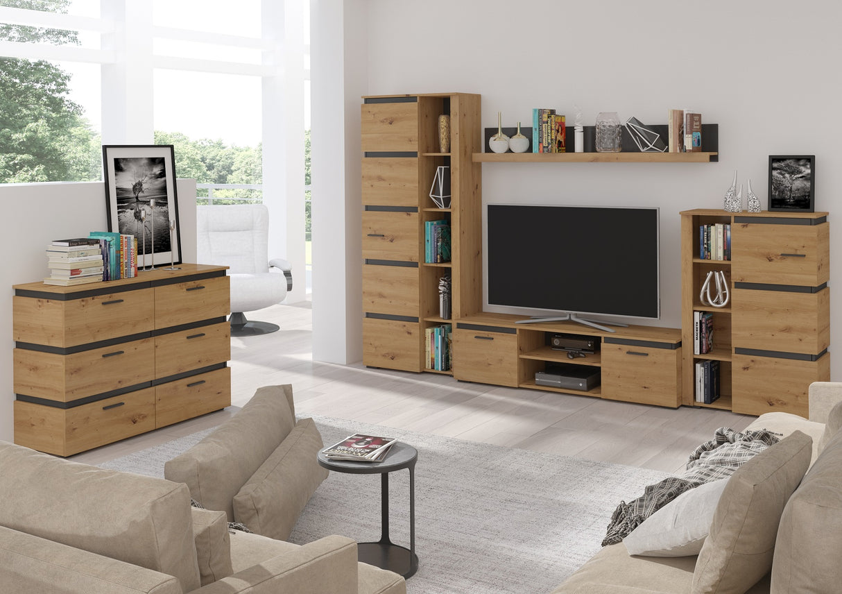 TV WALL UNIT FAROS ARTISAN OAK/MATERAOverall dimensions of the wall unit: 3040 x 1900 x 400 mm (width x height x depth)SIDEBOARD IS NOT INCLUDED IN SETNumber of packages: 6Front:- 16 mm artisan oak laminated board - matera- melamine edge- handle: plasticB