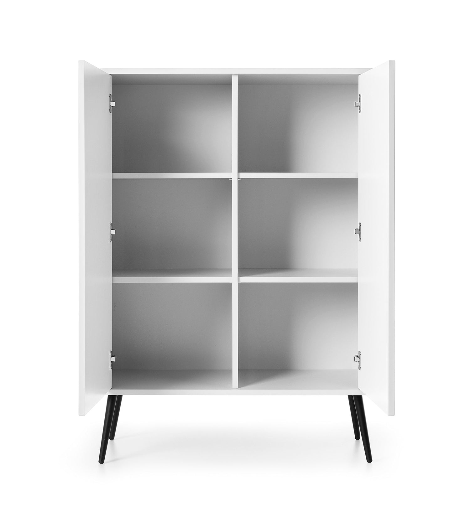 Storage cabinet ZOVA 03 whiteProduct description Dimensions Width 103cm Height 129cm Depth 39cm Details Colour white Material Laminated board 18mm / MDF-board 18mm Veneer ABS edges Legs Metal, in black (23cm) Warranty 24 monthsUncategorizedAnna Furniture