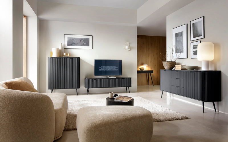 LIVING ROOM ZOVI FURNITURE SET BLACKFURNITUTE SET INCLUDES: Storage cabinet ZOVA 02 103X129X39CM Storage cabinet ZOVA 03 168X87X39CM TV Stand ZOVA 01 168X56X39CM ColourCASHMERE/BLACK MaterialLaminated board 18mm / MDF-board 18mmMDF-board 18mm Metal, in bl