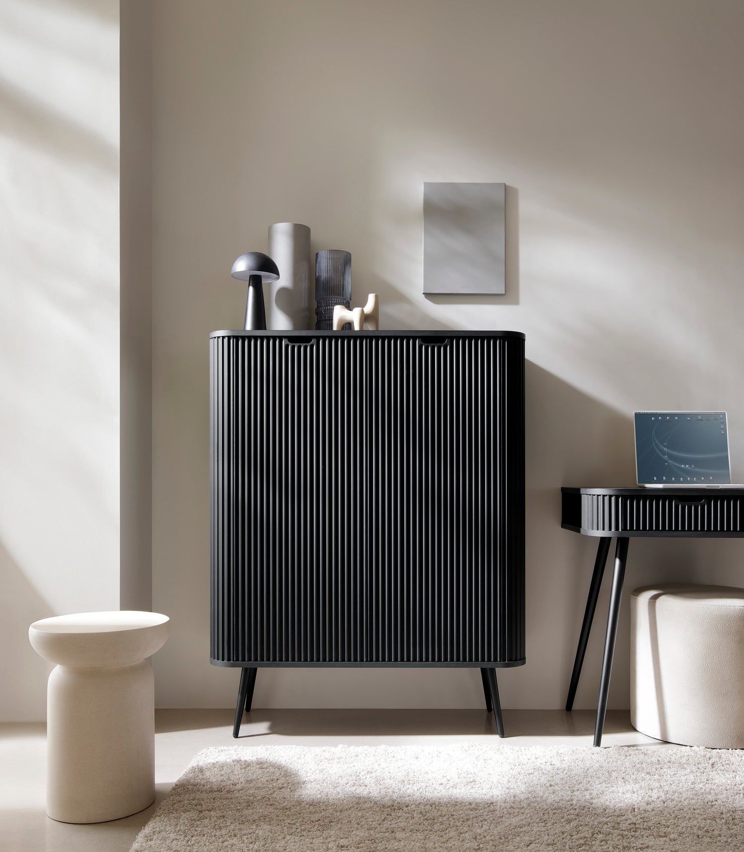 LIVING ROOM ZOVI FURNITURE SET BLACKFURNITUTE SET INCLUDES: Storage cabinet ZOVA 02 103X129X39CM Storage cabinet ZOVA 03 168X87X39CM TV Stand ZOVA 01 168X56X39CM ColourCASHMERE/BLACK MaterialLaminated board 18mm / MDF-board 18mmMDF-board 18mm Metal, in bl