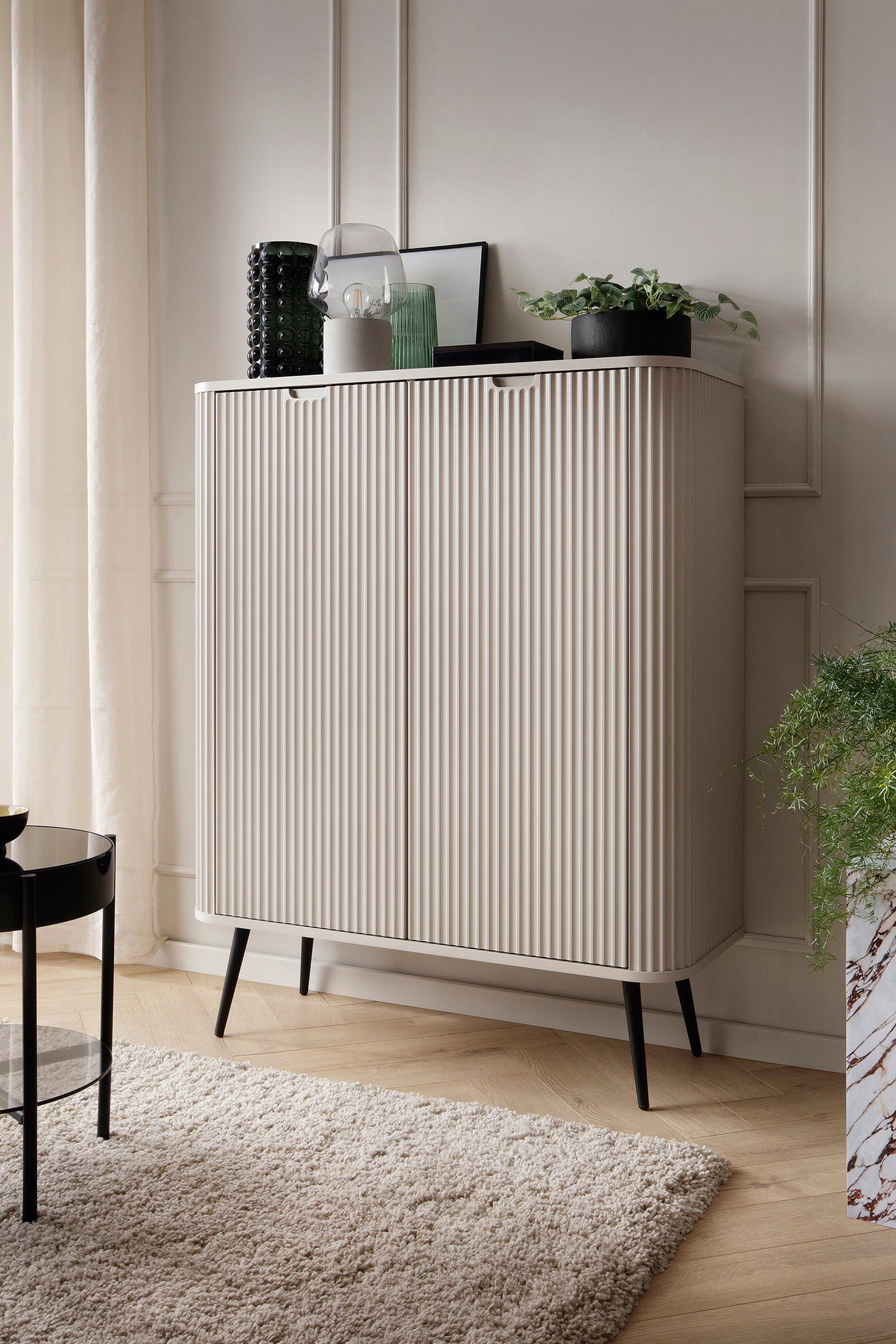 LIVING ROOM ZOVI FURNITURE SET CASHEMEREFURNITUTE SET INCLUDES: Storage cabinet ZOVA 02 103X129X39CM Storage cabinet ZOVA 03 168X87X39CM DRESSING TABLE ZOVA 103X80X49CM ColourCASHMERE/BLACK MaterialLaminated board 18mm / MDF-board 18mmMDF-board 18mm Metal