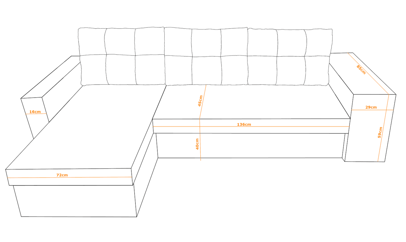 CORNER SOFA BED LEON 255CM 2X STORAGE SPACE UNIVERSAL CORNER RIGHT/LEFT CORNER / BONELL SPRINGS + FOAMFEATURES:BONELL SPRINGS + T28 FOAM 3 X LARGE BACKREST PILLOWS 2X STORAGE SPACE 2X STOOLBed-folding function DL SYSTEM (The unfolding process involves gen