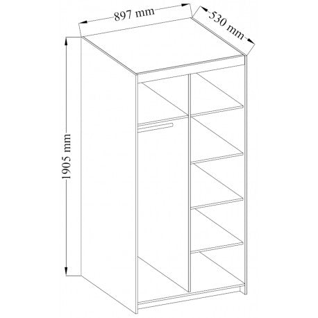 WARDROBE SELENA 2D 90CM SONOMADimensions: 897 x 1905 x 530 mm (W x H x D)Number of packages: 2Front:- 15 mm laminated board - sonoma- melamine edge- handle: 128 mm / plasticBody:- 15 mm laminated board - sonoma- melamine edgepack 1/21995 x 585 x 85mmweigh