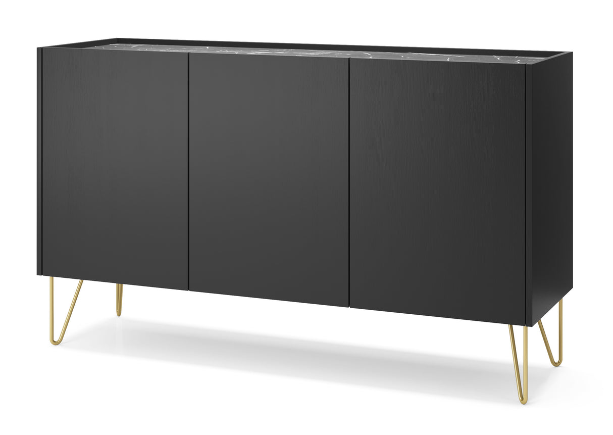 Storage cabinet HARMONY 03 black / black marbleStorage cabinet HARMONY 03 black / black marble 144/83/37CM ColourBlack / Black marble + Golden MaterialLaminated board 16mm VeneerEdging ABS Metal Legs PUSH-TO-OPENAnna Furniture