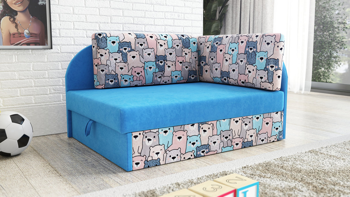 UNIVERSAL CORNER SOFA BED KUBUS CUBE BLUE / TEDDY Children roomTHIS MODEL IS UNIVERSAL WHICH MEANS YOU CAN CHOOSE CORNER SIDE DURING ASSEMBLYCHILDREN CORNER SOFA BEDSOFKA NAROZNIK TAPCZANIK DZIECIECY - depth 77 cm- width 106 cm- height with bacon 50 cm- 7