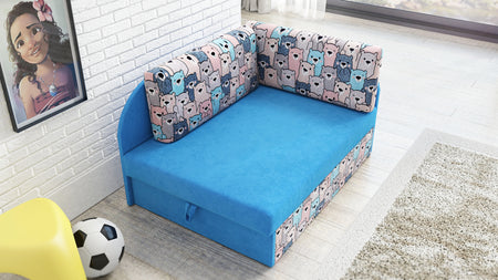 UNIVERSAL CORNER SOFA BED KUBUS CUBE BLUE / TEDDY Children roomTHIS MODEL IS UNIVERSAL WHICH MEANS YOU CAN CHOOSE CORNER SIDE DURING ASSEMBLYCHILDREN CORNER SOFA BEDSOFKA NAROZNIK TAPCZANIK DZIECIECY - depth 77 cm- width 106 cm- height with bacon 50 cm- 7