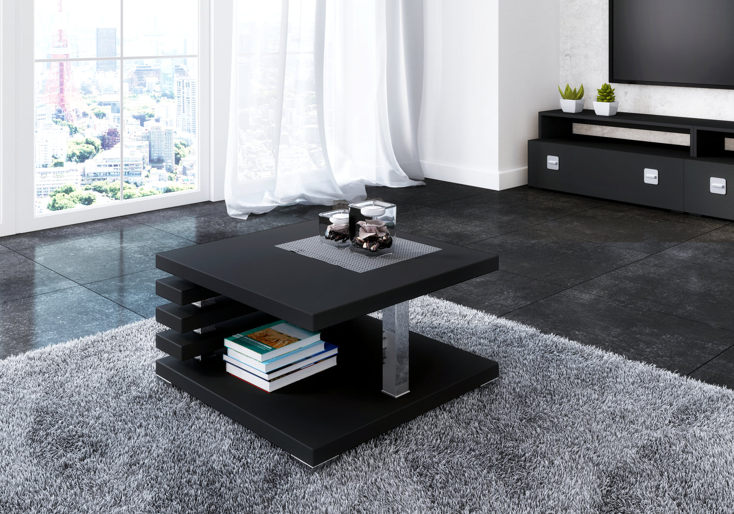 COFFEE TABLE KYOTO BLACKIntroducing COFFEE TABLE KYOTO, an ideal addition to any corner or regular sofa. Its sleek and contemporary rung-shaped structure, adorned with metallic accents, makes it a standout piece. Constructed from a 32mm thick board, this