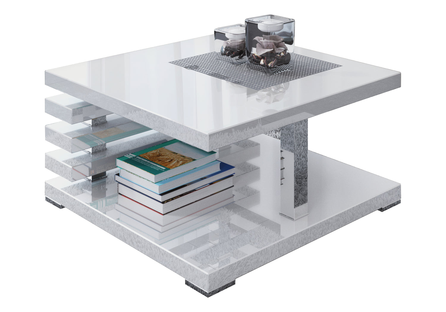 COFFEE TABLE KYOTO WHITE GLOSSIntroducing COFFEE TABLE KYOTO, an ideal addition to any corner or regular sofa. Its sleek and contemporary rung-shaped structure, adorned with metallic accents, makes it a standout piece. Constructed from a 32mm thick board,