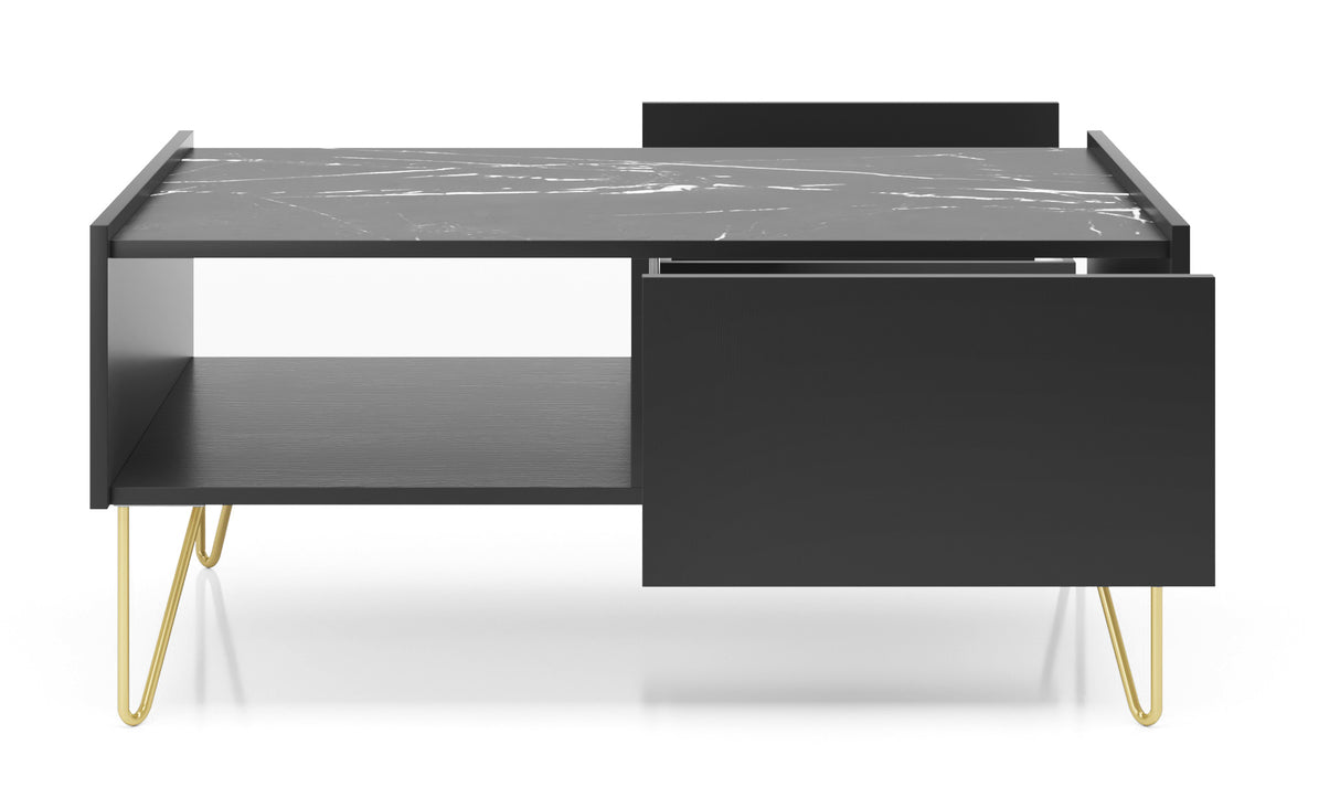 Coffee Table HARMONY 05 black / black marbleTV Stand HARMONY 01 (144/55/37) Colour Black / Black marble + Golden Material Laminated board 16mm Veneer Edging ABS Metal LegsAnna Furniture
