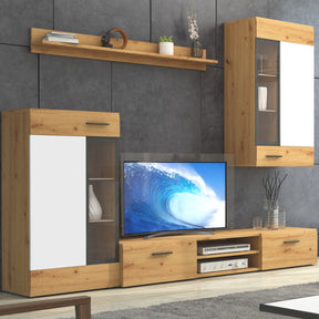 TV WALL UNIT TANGO ARTISAN/WHITEDimensions: 2350 x 1850 x 402mm (W x H x D)Number of packages: 2Front:- 15mm laminated board White / ARTISAN Oak- 1mm ABS rim- glass with a black print- handle: 128mm plasticBody:- 15mm laminated board White / ARTISAN Oak-