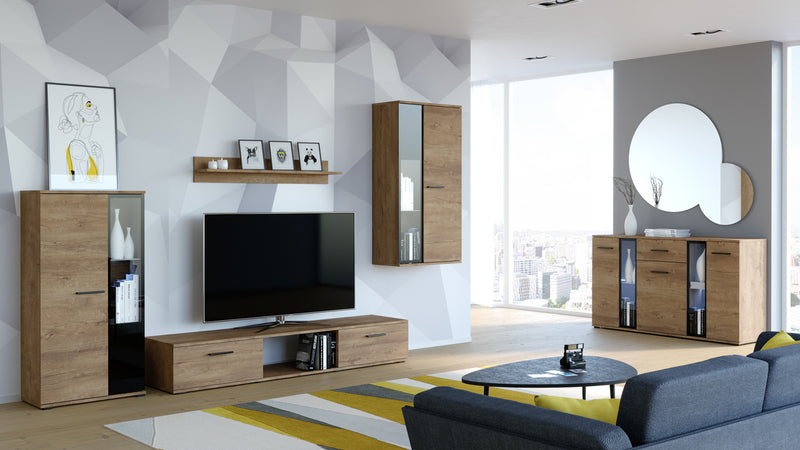 TV WALL UNIT SALSA SET WITH SIDEBOARD DAB LEFKASFlat packed for self-assembly with a clear and easy instructions. Modern design makes it suitable for any interior.CUPBOARD: Dimensions: width 140 cm height 80 cm depth. 40 cm EXTRAS FOR BOTH WALL UNIT AND S