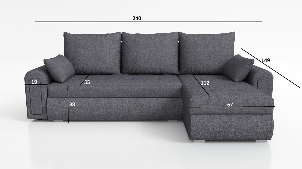 UNIVERSAL CORNER SOFA BED ECO 240CM BLUE KRONOS 09 2X STORAGETHIS MODEL IS UNIVERSAL WHICH MEANS YOU CAN CHOOSE CORNER SIDE DURING ASSEMBLY Specifications: frame made of pine wood and furniture board (synee) Seats are made of I species foam t28/42 (not de
