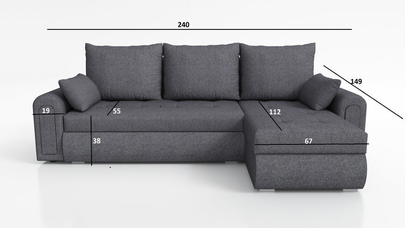 UNIVERSAL CORNER SOFA BED ECO 240CM GREY / BLACK FAUX LEATHER SAWANA 05 / MADRYT 9100 2X STORAGETHIS MODEL IS UNIVERSAL WHICH MEANS YOU CAN CHOOSE CORNER SIDE DURING ASSEMBLY Specifications: frame made of pine wood and furniture board (synee) Seats are ma