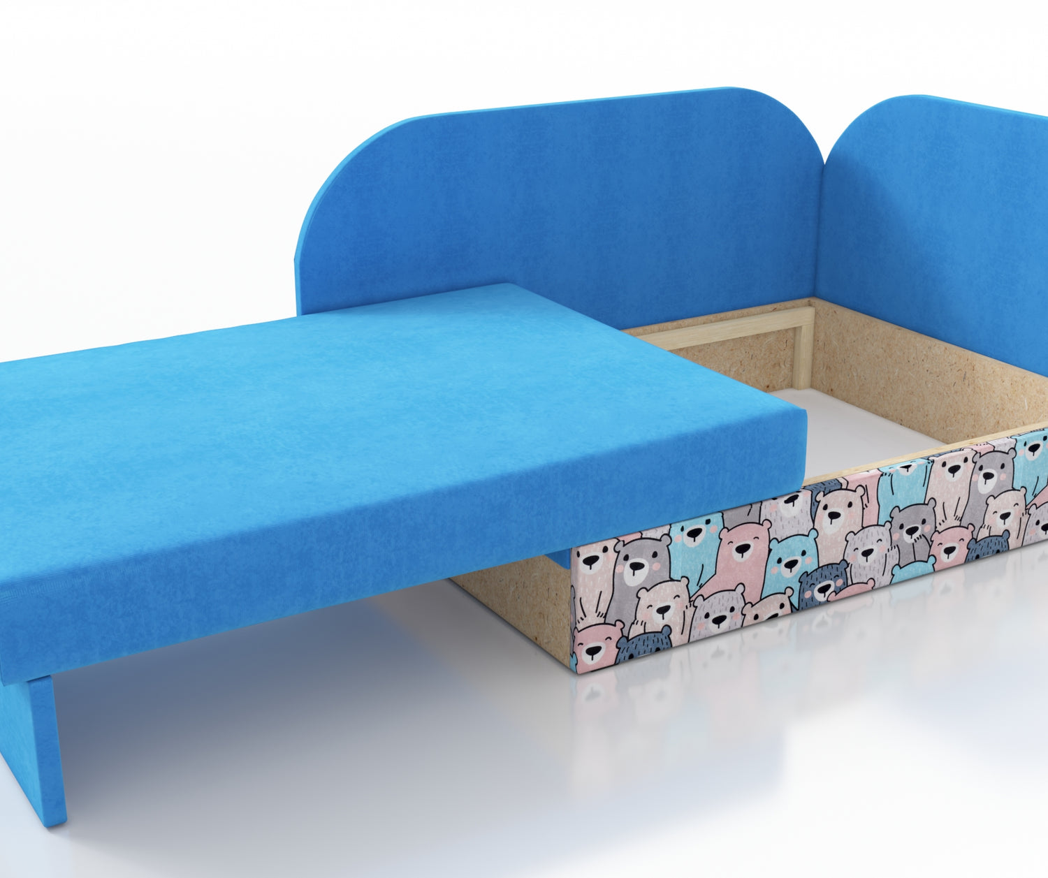 UNIVERSAL CORNER SOFA BED KUBUS CUBE BLUE / TEDDY Children roomTHIS MODEL IS UNIVERSAL WHICH MEANS YOU CAN CHOOSE CORNER SIDE DURING ASSEMBLYCHILDREN CORNER SOFA BEDSOFKA NAROZNIK TAPCZANIK DZIECIECY - depth 77 cm- width 106 cm- height with bacon 50 cm- 7